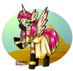 Size: 2066x2013 | Tagged: safe, artist:loverashley, derpibooru import, oc, alicorn, alicorn oc, bracelet, clothes, dress, female, horn, jewelry, latex, latex socks, makeup, mare, pyramid, socks, solo, wings