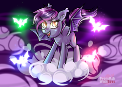 Size: 2800x2000 | Tagged: safe, artist:loverashley, derpibooru import, oc, oc only, bat, bat pony, pony, bat pony oc, bat wings, cloud, ear fluff, ears, female, night, on a cloud, smiling, solo, wings