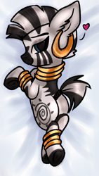 Size: 774x1374 | Tagged: safe, artist:pinkdoesstuff, derpibooru import, zecora, anthro, zebra, bedroom eyes, body pillow, body pillow design, butt, cute, female, heart, jewelry, looking at you, looking back, looking back at you, looking over shoulder, lying down, mare, photo, plot, profile, prone, rear view, smiling, smiling at you, solo, underhoof, zecorable