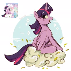 Size: 2048x2048 | Tagged: safe, artist:haibiscuits, derpibooru import, twilight sparkle, twilight sparkle (alicorn), alicorn, pony, cloud, female, mare, on a cloud, open mouth, open smile, simple background, sitting, sitting on cloud, smiling, solo, toy interpretation, white background