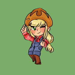 Size: 2000x2000 | Tagged: safe, artist:senpaiispace, derpibooru import, applejack, human, chibi, female, green background, humanized, simple background, solo