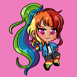 Size: 2000x2000 | Tagged: safe, artist:senpaiispace, derpibooru import, rainbow dash, human, chibi, clothes, female, humanized, pink background, rainbow socks, simple background, socks, solo, striped socks