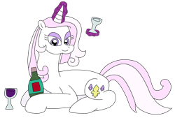 Size: 2834x1917 | Tagged: safe, artist:supahdonarudo, derpibooru import, fleur-de-lis, unicorn, alcohol, bottle, glass, levitation, lying down, magic, prone, redraw, simple background, solo, telekinesis, transparent background, wine, wine bottle, wine glass