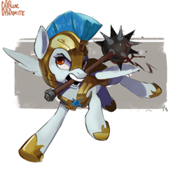 Size: 774x774 | Tagged: safe, artist:cadillacdynamite, derpibooru import, pegasus, pony, armor, blood, female, guardian angel (g4), guardsmare, helmet, mace, mare, morning star, mouth hold, royal guard, solo, weapon