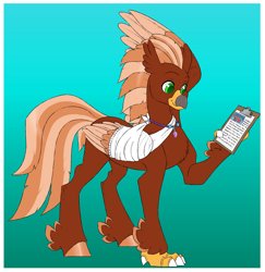 Size: 1850x1900 | Tagged: safe, artist:dozyarts, derpibooru import, oc, oc only, oc:pavlos, classical hippogriff, hippogriff, bandage, broken wing, cast, claws, clipboard, gradient background, hippogriff oc, injured, sling, solo, wing cast, wing sling, wings