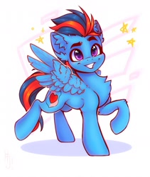 Size: 1600x1900 | Tagged: safe, artist:falafeljake, derpibooru import, oc, oc only, oc:andrew swiftwing, pegasus, pony, chest fluff, ear fluff, ears, grin, leg fluff, multicolored hair, multicolored tail, raised hoof, raised leg, signature, smiling, solo, tail