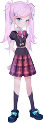 Size: 320x896 | Tagged: safe, artist:rainbowstarcolour262, derpibooru import, machine learning assisted, machine learning generated, oc, oc only, oc:zina pearl, human, equestria girls, anime, blushing, bowtie, clothes, female, hairpin, hand behind back, pigtails, pinegraph, plaid skirt, school uniform, shirt, shoes, simple background, skirt, solo, twintails, white background, wrong eye color