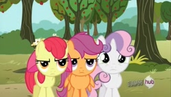 Size: 1472x828 | Tagged: safe, derpibooru import, screencap, apple bloom, scootaloo, sweetie belle, earth pony, pegasus, pony, unicorn, one bad apple, season 3, apple, apple bloom's bow, apple tree, bow, cutie mark crusaders, female, filly, foal, hair bow, tree