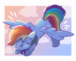 Size: 1000x800 | Tagged: safe, artist:candy meow, derpibooru import, rainbow dash, pegasus, pony, :3, cloud, ear fluff, ears, eyes closed, female, gradient background, leg fluff, mare, messy mane, messy tail, simple background, solo, spread wings, stretching, tail, wing fluff, wings