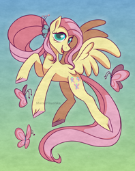 Size: 2448x3094 | Tagged: safe, artist:marsel1nushka, derpibooru import, fluttershy, butterfly, pegasus, pony, female, mare, older, older fluttershy, open mouth, open smile, smiling, solo, spread wings, unshorn fetlocks, wings