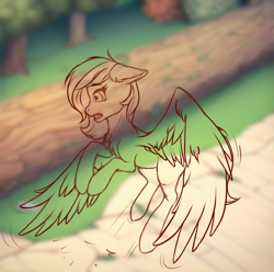 Size: 2000x1982 | Tagged: safe, derpibooru import, oc, oc:darky wings, pegasus, pony, spoiler:comic, blurry background, crush, doodle, macro, macro/micro, micro, page, pony oc, scared, shocked, sketch, spread wings, story, wings