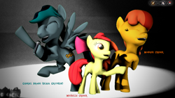 Size: 1280x720 | Tagged: safe, artist:longsword97, derpibooru import, apple bloom, oc, oc:black gryph0n, oc:black gryphon, oc:blackgryph0n, oc:monique creber, earth pony, pegasus, unicorn, 3d, artist watermark, black gryph0n, black gryphon, blackgryph0n, earth pony oc, gmod, horn, michelle creber, microphone, mlp msp, mlp msp 2015, monique creber, pegasus oc, source filmmaker, spotlight, spread wings, trio, unicorn oc, watermark, wings