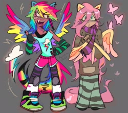 Size: 2048x1809 | Tagged: safe, artist:therumano, derpibooru import, fluttershy, rainbow dash, anthro, human, pegasus, equestria girls, clothes, shorts, skirt, smiling, standing, sweater, tail, tanktop, wings