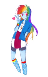 Size: 600x964 | Tagged: safe, artist:rainbom__1122, derpibooru import, rainbow dash, human, equestria girls, clothes, heart, peace sign, simple background, smiling, solo, standing, white background