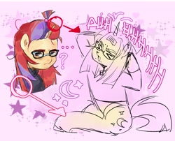 Size: 4088x3300 | Tagged: safe, artist:fluttr3, derpibooru import, moondancer, pony, unicorn, bags under eyes, eyes closed, frown, glasses, open mouth, sitting, sketch, solo, text