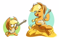 Size: 4096x2703 | Tagged: safe, artist:notfocks, derpibooru import, applejack, earth pony, pony, applejack's hat, banjo, clothes, cowboy hat, cute, female, filly, foal, hat, hay, hoof hold, jackabetes, mare, musical instrument, one eye closed, open mouth, open smile, simple background, sitting, smiling, solo, white background, wink