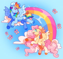 Size: 4096x3877 | Tagged: safe, artist:cocopudu, derpibooru import, fluttershy, rainbow dash, pegasus, pony, female, flutterdash, flying, lesbian, looking at each other, looking at someone, mare, open mouth, open smile, rainbow, shipping, smiling, smiling at each other, spread wings, wings