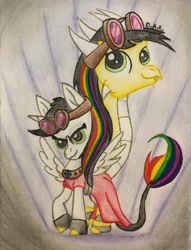 Size: 2672x3500 | Tagged: safe, artist:gracefulart693, derpibooru import, oc, oc:lightning bliss, alicorn, pony, alicorn oc, clothes, dress, duo, goggles, horn, jewelry, multicolored hair, necklace, rainbow hair, traditional art, wings