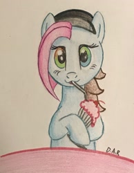 Size: 1813x2338 | Tagged: safe, artist:gracefulart693, derpibooru import, oc, oc only, earth pony, pony, bust, earth pony oc, eyelashes, hat, milkshake, open mouth, smiling, solo, traditional art