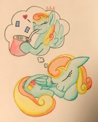 Size: 1631x2027 | Tagged: safe, artist:gracefulart693, derpibooru import, oc, oc only, pegasus, pony, dream, drinking, duo, eyes closed, female, lying down, mare, pegasus oc, prone, smiling, thinking, traditional art