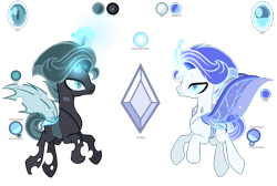 Size: 2904x1953 | Tagged: safe, artist:harmonyvitality-yt, derpibooru import, oc, oc only, oc:forest edge, changedling, changeling, changeling queen, base used, changedling oc, changeling oc, changeling queen oc, duo, glowing, glowing horn, horn, magical parthenogenic spawn, male, offspring, parent:queen chrysalis, simple background, transparent background