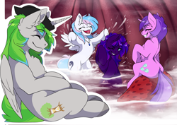 Size: 3508x2480 | Tagged: safe, artist:arctic-fox, derpibooru import, amethyst star, sparkler, oc, oc:starburn, oc:tihan, oc:tinisparkler, oc:tree time, alicorn, pegasus, unicorn, alicorn oc, bipedal, fetish, food, hat, horn, internal, jewelry, micro, necklace, sitting, splashing, stomach, strawberry, vore, wings