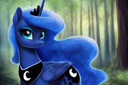 Size: 1920x1280 | Tagged: safe, derpibooru exclusive, derpibooru import, editor:dovakkins, generator:stable diffusion, machine learning generated, princess luna, alicorn, pony, cute, ethereal mane, female, forest background, galaxy mane, jewelry, looking at you, lunabetes, peytral, regalia, smiling, smiling at you, solo, wings