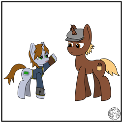 Size: 2000x2000 | Tagged: safe, artist:dice-warwick, derpibooru import, oc, oc only, oc:littlepip, oc:shiner, pony, unicorn, fallout equestria, clothes, female, jumpsuit, male, mare, pipbuck, raised hoof, raised leg, simple background, stallion, transparent background, vault suit