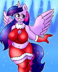 Size: 800x1000 | Tagged: safe, artist:northernlightsone, derpibooru import, princess celestia, twilight sparkle, twilight sparkle (alicorn), oc, oc only, oc:princess morning star, alicorn, anthro, unguligrade anthro, alicorn oc, alicorn princess, breasts, christmas, clothes, commissioner:bigonionbean, cutie mark, ethereal mane, ethereal tail, female, flank, fusion, fusion:princess morning star, gloves, holiday, horn, leggings, mare, solo, spread wings, stomach, tail, thick, thighs, thunder thighs, wings, writer:bigonionbean