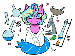 Size: 1018x767 | Tagged: safe, derpibooru import, oc, oc only, anthro, earth pony, original species, pony, unicorn, microscope, simple background, solo, test tube, white background