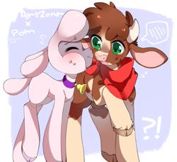 Size: 981x900 | Tagged: safe, artist:catsonmarss, artist:picklescatt, derpibooru import, arizona cow, pom lamb, cow, lamb, sheep, them's fightin' herds, bandana, bell, bell collar, blushing, collar, community related, cute, duo, exclamation point, female, frown, interrobang, lesbian, looking at someone, nervous, open mouth, pomzona, question mark, raised hoof, raised leg, shipping, sweat, sweatdrop