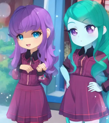 Size: 512x576 | Tagged: safe, artist:rainbowstarcolour262, derpibooru import, machine learning generated, cold forecast, ginger owlseye, human, equestria girls, friendship games, :d, :o, anime, clothes, cute, duo, duo female, female, hand on hip, open mouth, open smile, owlabetes, pinegraph, shirt, skirt, smiling