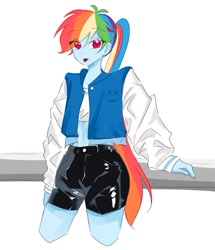 Size: 716x834 | Tagged: safe, artist:rainbom__1122, derpibooru import, rainbow dash, human, equestria girls, :p, anime, belly button, clothes, jacket, long hair, midriff, ponytail, short shirt, shorts, solo, standing, tomboy, tongue, tongue out, varsity jacket