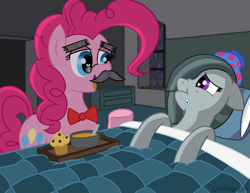 Size: 2000x1543 | Tagged: safe, artist:legendoflink, derpibooru import, marble pie, pinkie pie, earth pony, pony, bed, duo, duo female, facial hair, fake moustache, female, food, groucho marx, heart, heart eyes, ice pack, in bed, lying down, mare, moustache, muffin, siblings, sick, simple background, smiling, soup, thermometer, twins, wingding eyes