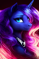 Size: 1024x1536 | Tagged: safe, derpibooru import, generator:purplesmart.ai, generator:stable diffusion, machine learning generated, princess luna, alicorn, pony, beautiful, collar, cute, ethereal mane, female, flowing mane, glowing mane, horn, jewelry, looking at you, lunabetes, mare, regalia, smiling, smiling at you, solo