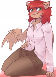 Size: 1479x2048 | Tagged: safe, artist:dmitrymemovznok, derpibooru import, oc, anthro, blushing, clothes, leggings, simple background, sitting, smiling, spread wings, white background, wings