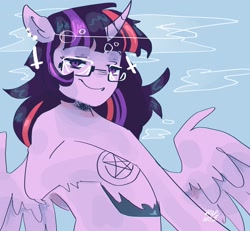 Size: 2048x1890 | Tagged: safe, artist:dmitrymemovznok, derpibooru import, twilight sparkle, twilight sparkle (alicorn), alicorn, pony, bubble, digital art, ear piercing, female, flowing mane, glasses, horn, lidded eyes, looking at you, mare, piercing, signature, smiling, smiling at you, smirk, solo, spread wings, underwater, unshorn fetlocks, water, wings