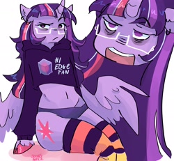 Size: 2048x1890 | Tagged: safe, artist:dmitrymemovznok, derpibooru import, twilight sparkle, alicorn, anthro, bags under eyes, clothes, frown, glasses, hoodie, hooves, midriff, open mouth, panties, simple background, sitting, socks, solo, thigh highs, underwear, unshorn fetlocks, white background