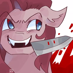 Size: 2048x2048 | Tagged: safe, artist:dmitrymemovznok, derpibooru import, pinkie pie, earth pony, pony, blood, close-up, knife, mouth hold, pinkamena diane pie, sharp teeth, smiling, solo, teeth