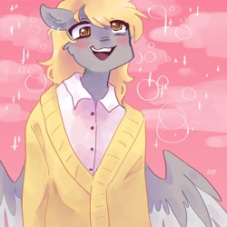 Size: 2048x2048 | Tagged: safe, artist:dmitrymemovznok, derpibooru import, derpy hooves, anthro, pegasus, blushing, clothes, open mouth, smiling, solo, spread wings, standing, wings