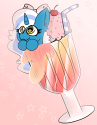 Size: 1942x2500 | Tagged: safe, artist:dreamer-elphii, derpibooru import, oc, oc only, oc:fleurbelle, alicorn, pony, alicorn oc, bow, cherry, cute, female, food, glass, golden eyes, hair bow, horn, ice cream, mare, pink background, simple background, solo, sprinkles, straw, wings