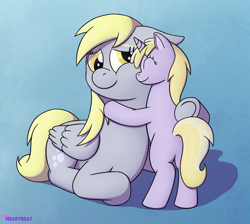 Size: 1782x1600 | Tagged: safe, artist:passionpanther, derpibooru import, derpy hooves, dinky hooves, pegasus, pony, unicorn, cute, derpabetes, dinkabetes, equestria's best mother, gradient background, headcanon, hug, motherly, smiling