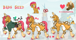 Size: 1280x674 | Tagged: safe, artist:malinraf1615, derpibooru import, babs seed, button mash, earth pony, pony, alternate design, bald, bracelet, buttonseed, cheek fluff, chest fluff, clothes, coat markings, comb, ear piercing, earring, eyebrow piercing, female, heart, jewelry, male, manehattan, mare, older, older babs seed, piercing, reference sheet, scissors, shipping, shirt, socks (coat marking), solo focus, stallion, straight, unshorn fetlocks