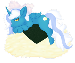 Size: 1585x1349 | Tagged: safe, artist:moonchemistry, derpibooru import, oc, oc only, oc:fleurbelle, alicorn, pony, alicorn oc, bow, female, food, golden eyes, hair bow, horn, mare, onigiri, simple background, sleepy, solo, transparent background, wings