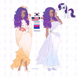 Size: 2048x2048 | Tagged: safe, artist:cryweas, derpibooru import, rarity, human, pony, unicorn, alternate hairstyle, american flag, asian, bisexual pride flag, blasian, bracelet, choker, clothes, dark skin, dress, evening gloves, eyeshadow, female, gloves, hat, high heels, humanized, jewelry, korean, lipstick, long gloves, makeup, mare, phone, pride, pride flag, reference sheet, ring, shoes, solo, south korea, stockings, thigh highs, trans female, transgender, transgender pride flag