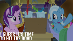 Size: 1000x563 | Tagged: safe, derpibooru import, edit, edited screencap, editor:quoterific, screencap, starlight glimmer, trixie, pony, unicorn, road to friendship, best friends, cute, diatrixes, duo, duo female, female, glimmerbetes, hammock, mare, trixie's wagon, wagon