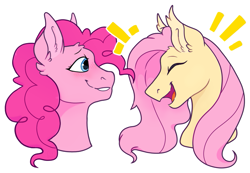 Size: 1043x720 | Tagged: safe, artist:malphym, derpibooru import, fluttershy, pinkie pie, earth pony, pegasus, pony, blushing, bust, ear fluff, ears, eyes closed, female, flutterpie, laughing, lesbian, mare, shipping, simple background, smiling, white background