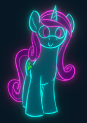 Size: 634x897 | Tagged: safe, artist:skookz, derpibooru import, oc, oc only, oc:ultra violet, pony, unicorn, dark background, female, glowing, happy, looking at you, mare, neon, solo