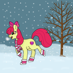 Size: 1000x1000 | Tagged: safe, artist:peachsunset08, derpibooru import, apple bloom, earth pony, pony, boots, female, filly, foal, open mouth, shoes, snow, solo, tree