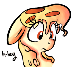 Size: 340x311 | Tagged: artist needed, safe, ponerpics import, oc, oc:mozzarella orgy, food pony, original species, pizza pony, pony, dialogue, ears, female, floppy ears, food, mare, pizza, ponified, simple background, solo, suprised, white background